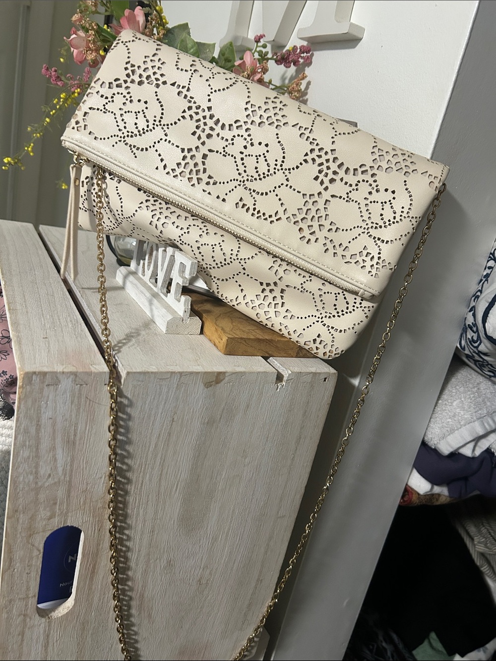 Cream Laser-Cut Foldover Crossbody Bag with Gold Chain